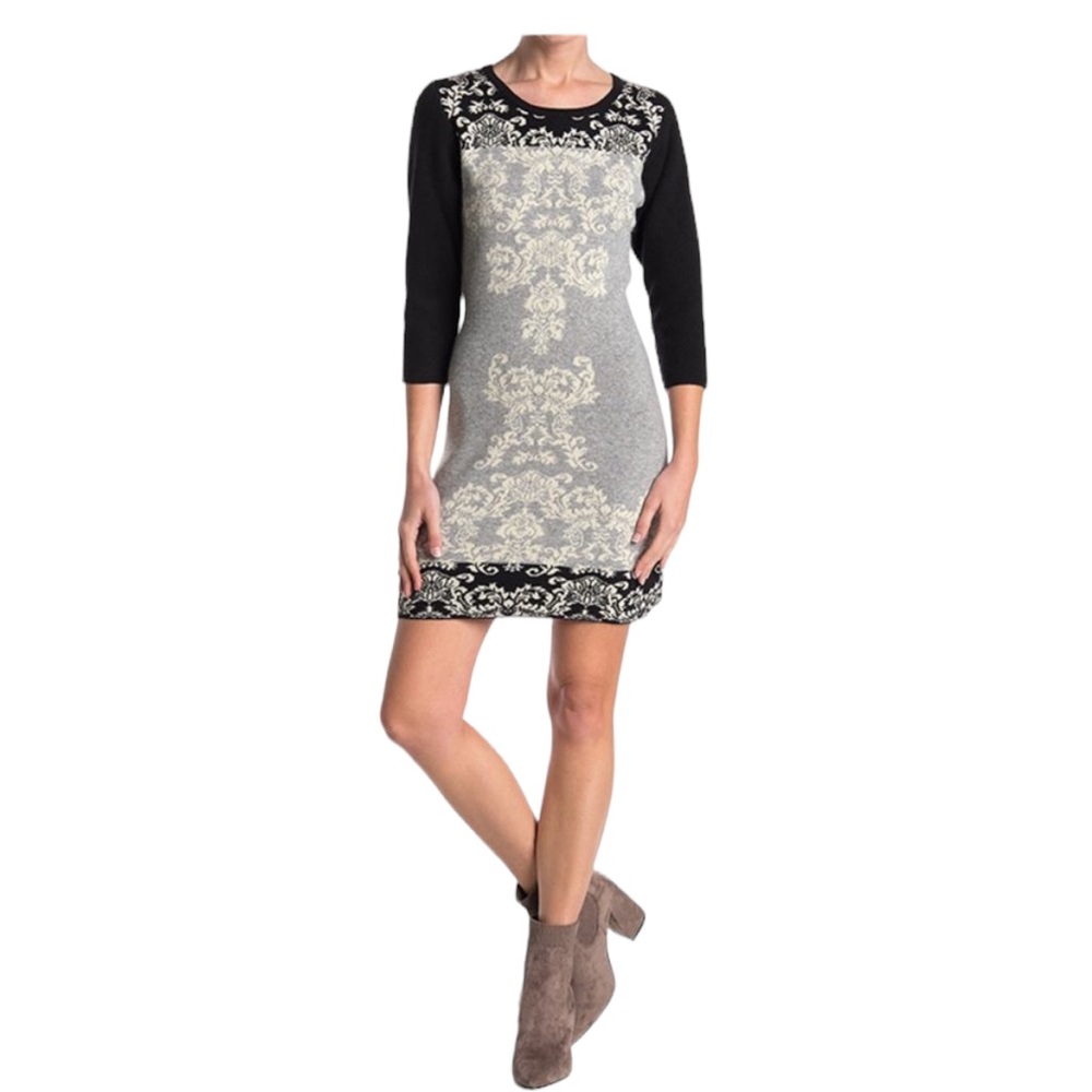 PAPILLON | Sweater Mini Dress 3/4 Sleeves Gray Black XL Style #SD5421 NEW